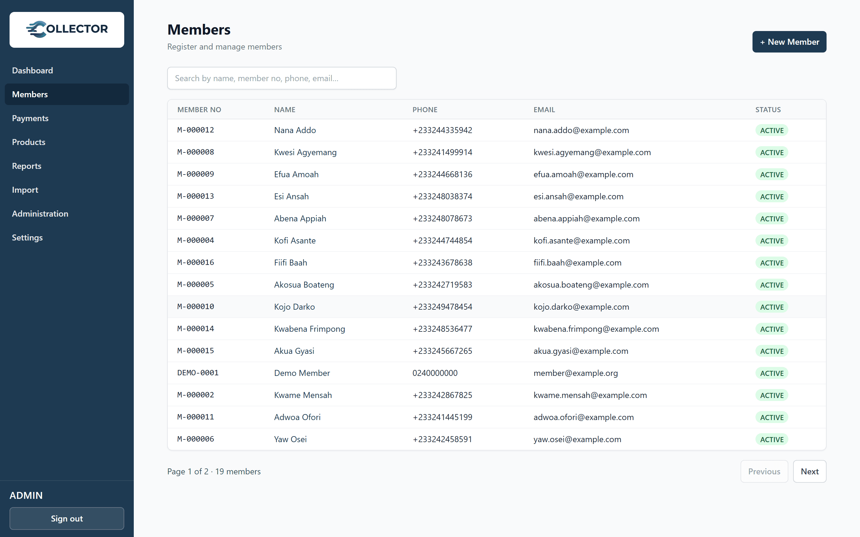 Collector members screen with the full member register