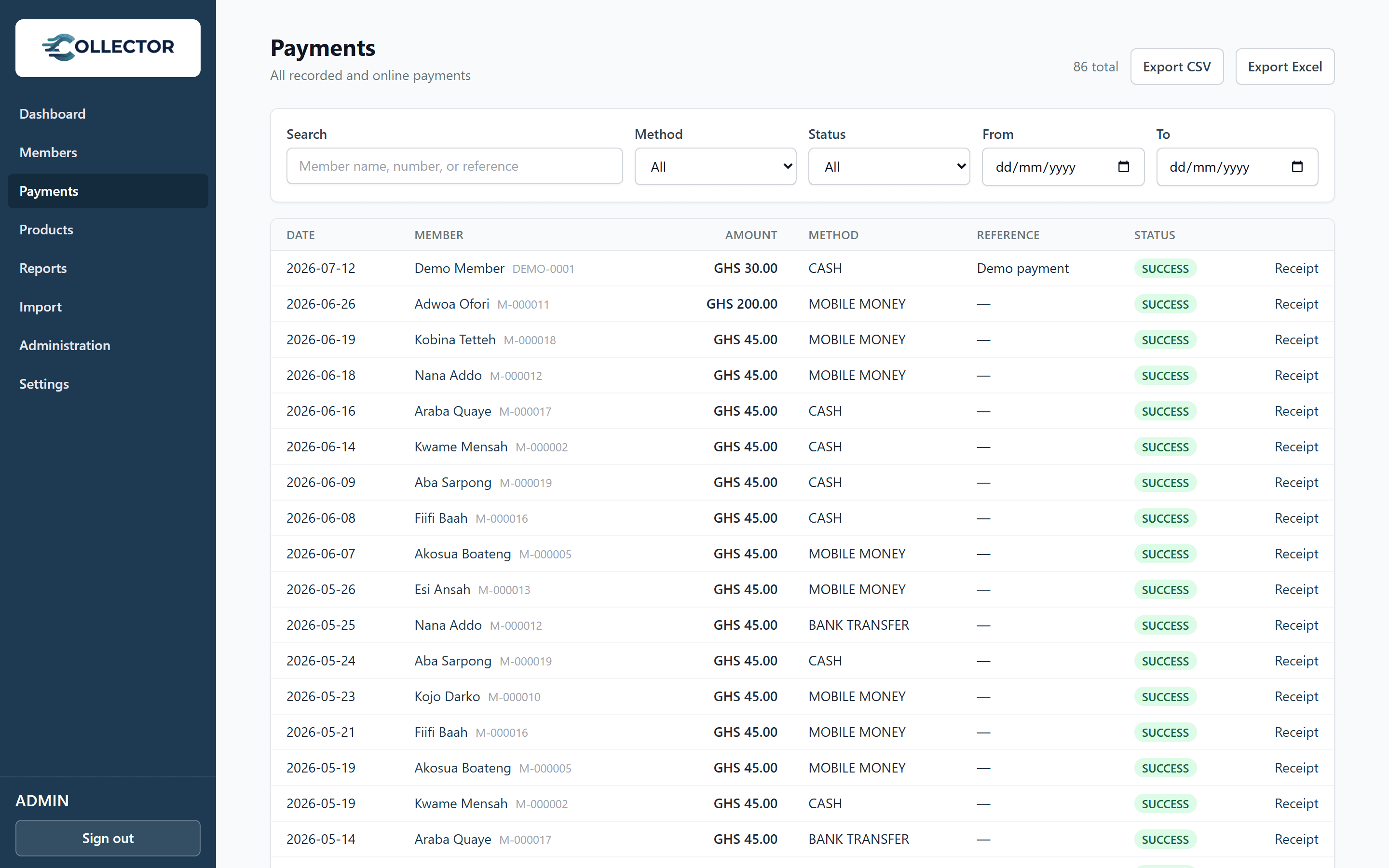 Collector payments screen listing recorded payments with method, status, and receipts