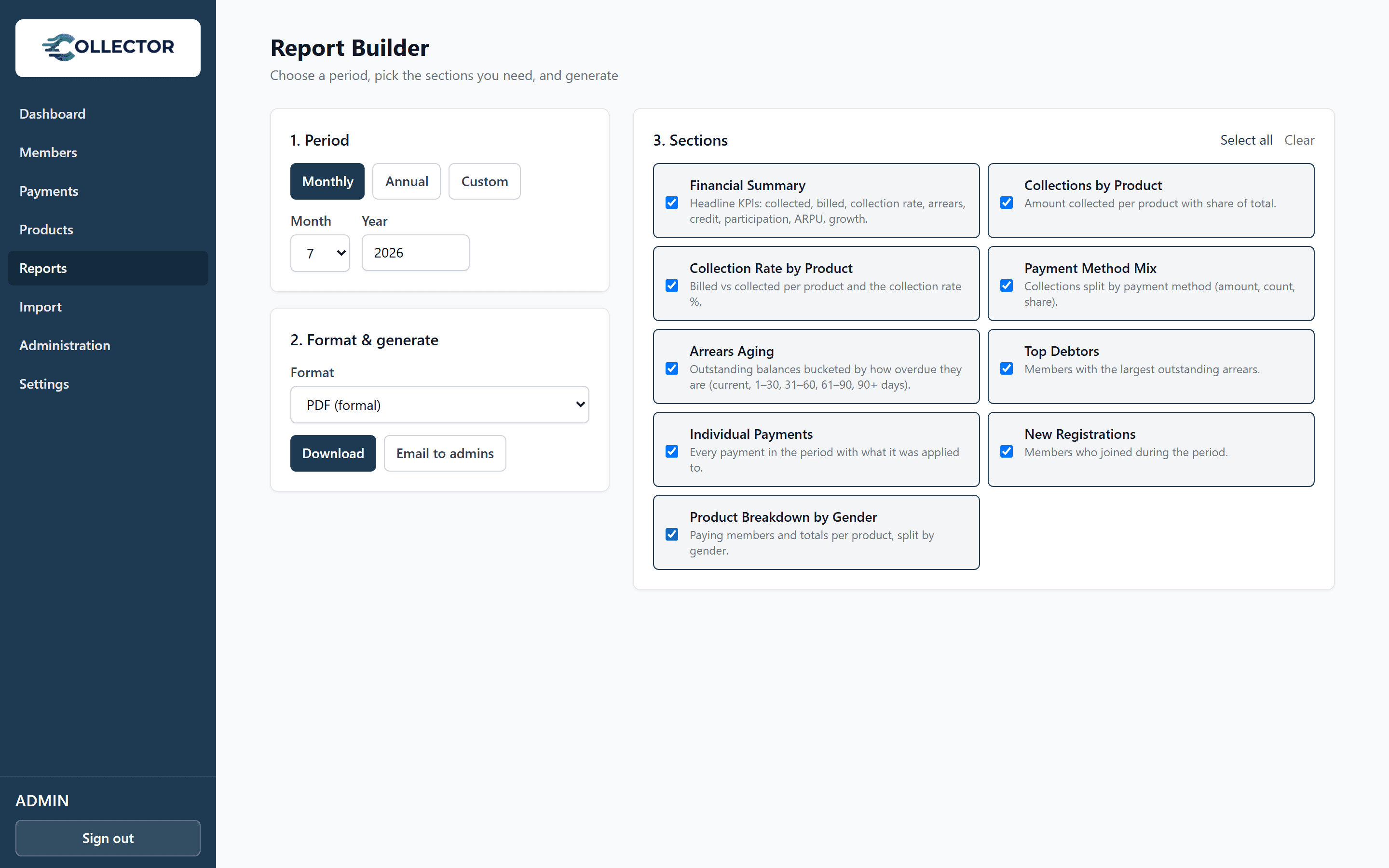 Collector report builder with selectable report sections and PDF export