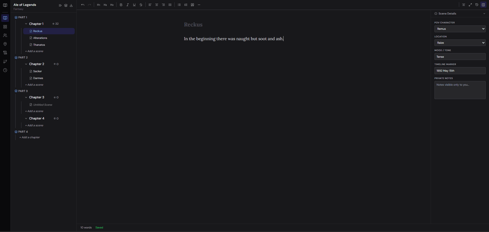 The Mythos writing editor with chapters and scenes in the sidebar and scene details panel open