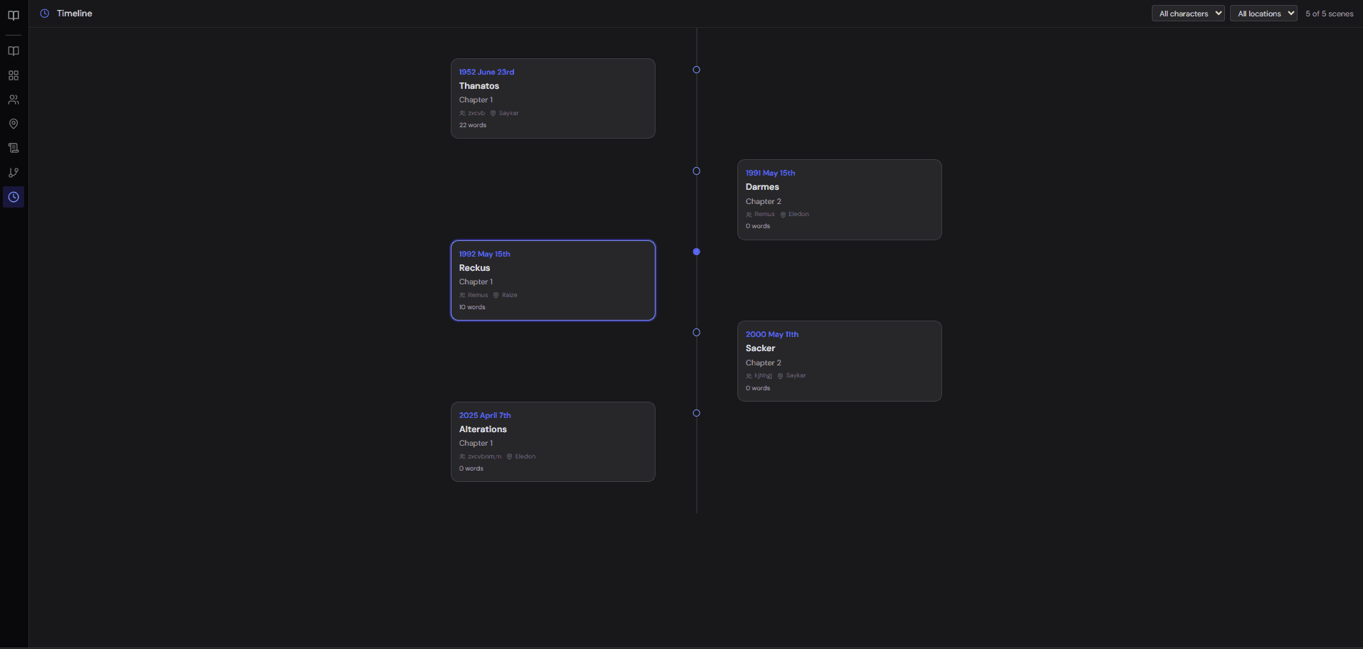 Mythos visual timeline with in-world date markers